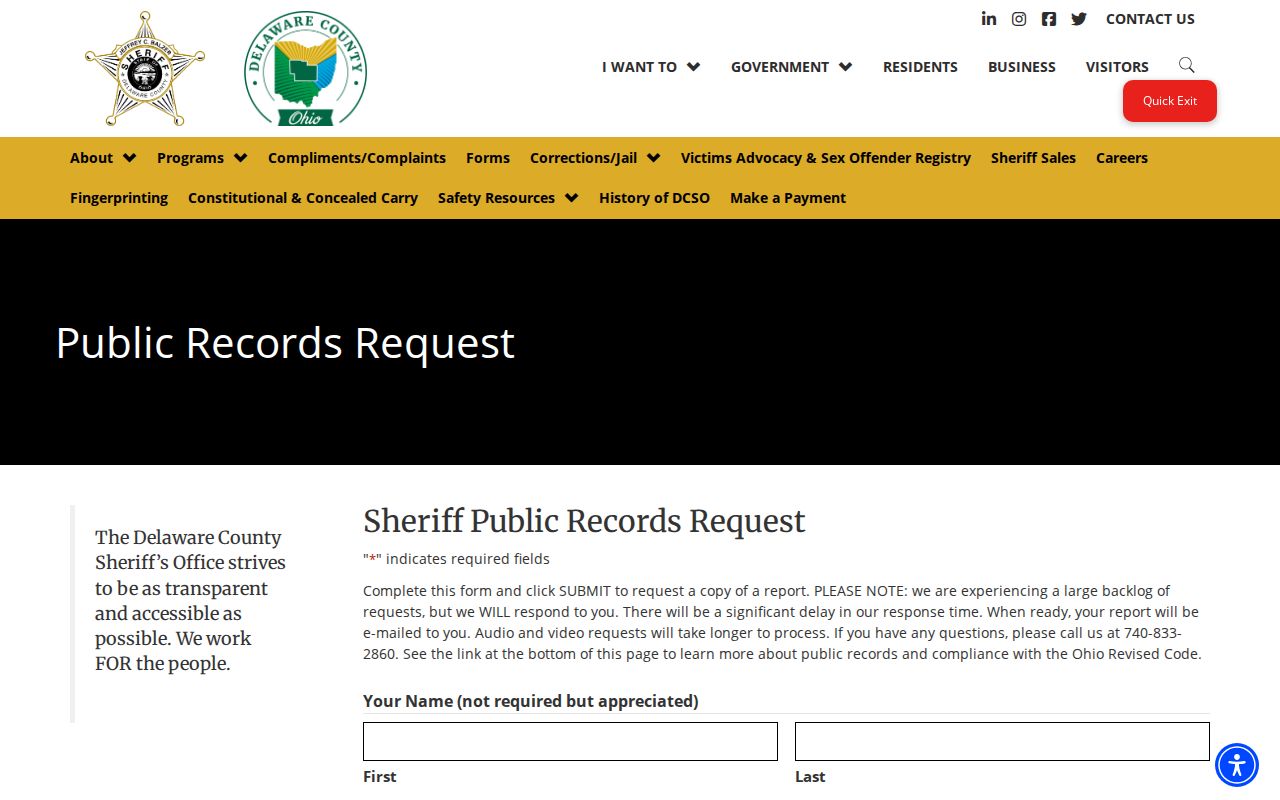 Official Delaware County Sheriff's Office records request form