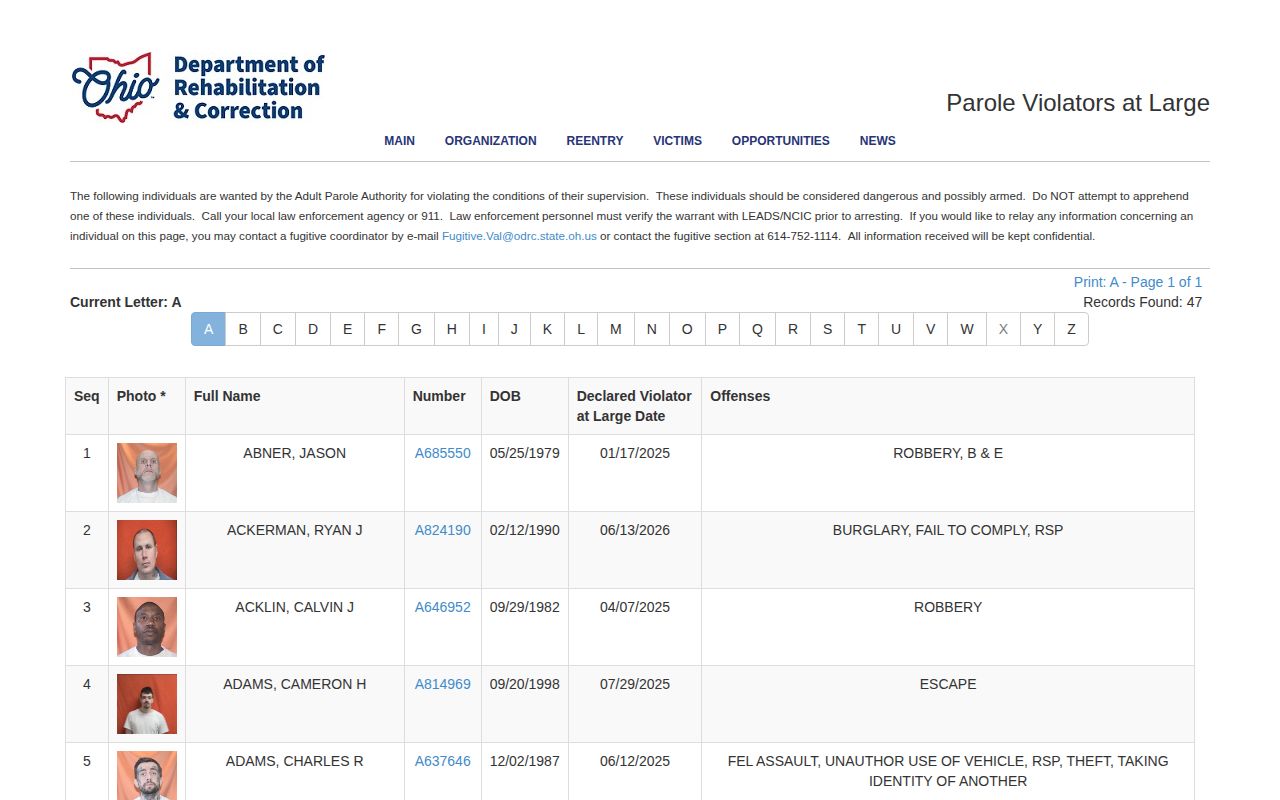 ODRC parole violators at large lookup for Delaware County supervision checks