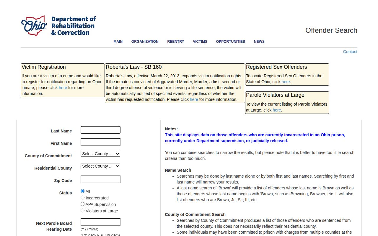 Ohio ODRC offender search fields and released status options
