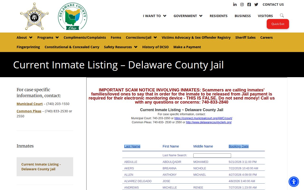 Delaware County Sheriff Current Inmate Listing page